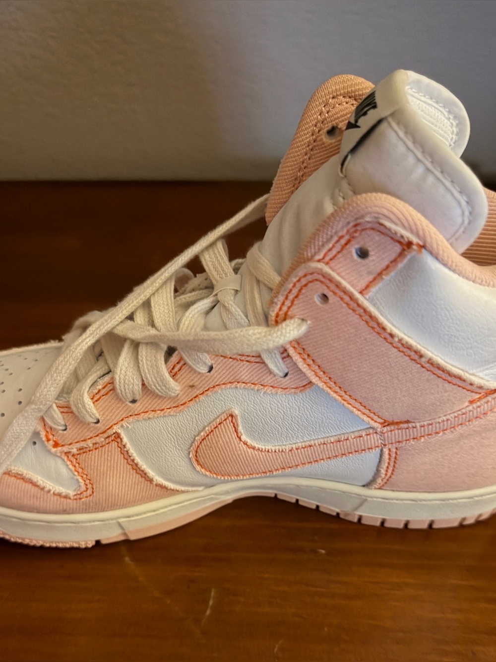 Nike Women’s Dunk White and Pink denim High-Top Sneakers. Never worn.